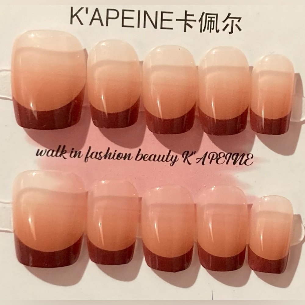 [M] 10Pcs Wearable Press on Nails Full Cover Square French Style Nude Burgundy
